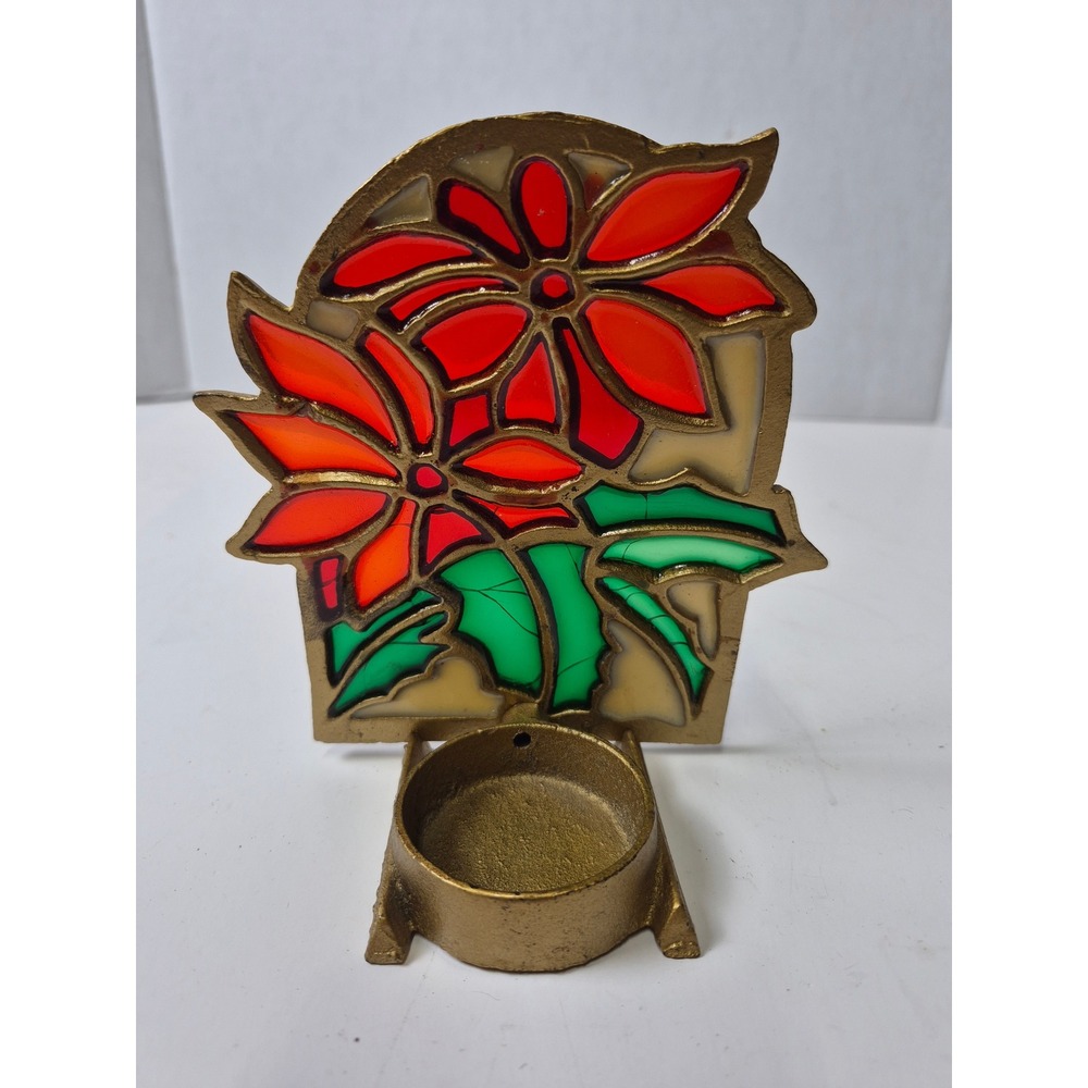 Vintage Brass Stained Glass Poinsettia Tea Light Candle Holder Christmas Taiwan